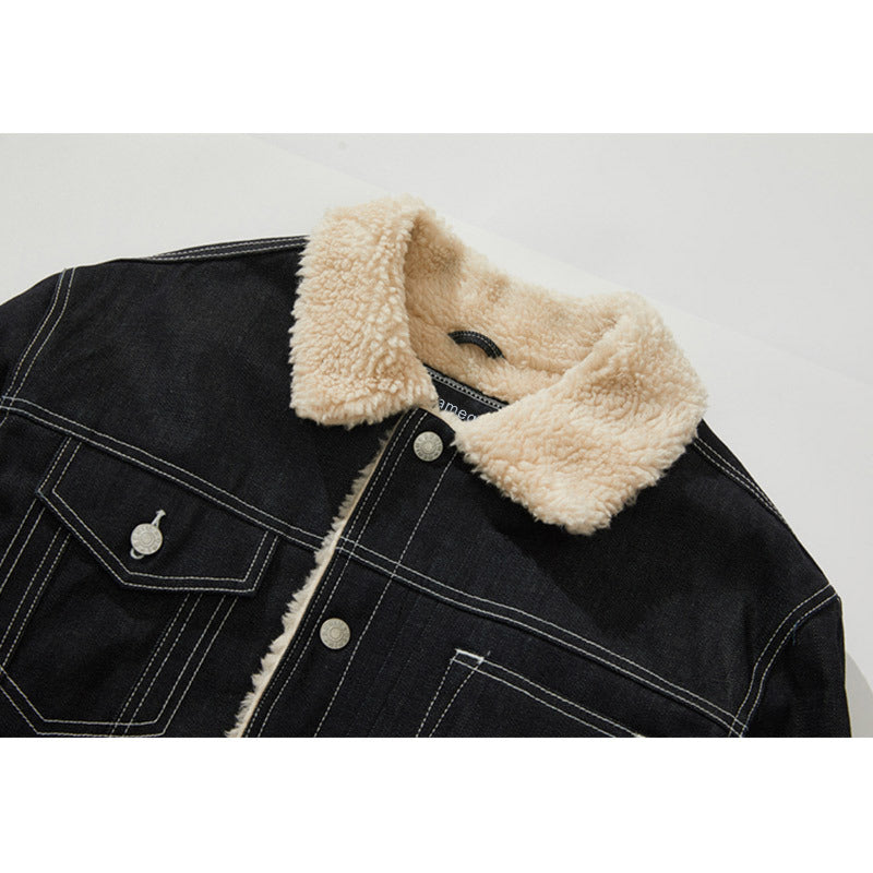 Men's And Women's Plus Velvet Thick Denim Embroidered Cotton Jacket