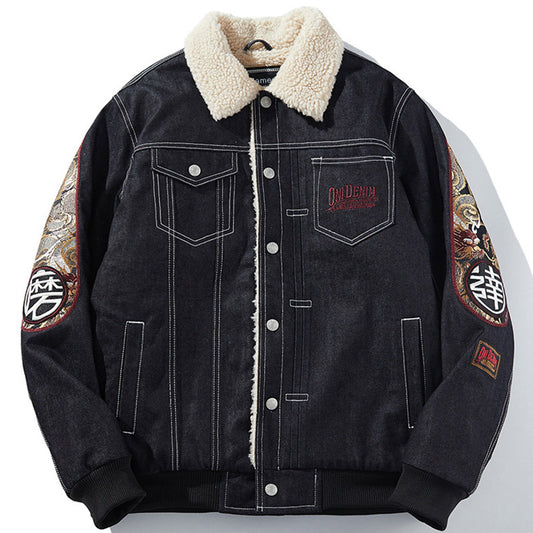Men's And Women's Plus Velvet Thick Denim Embroidered Cotton Jacket